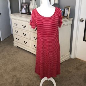 Flowy red and white striped knee length dress with cold shoulder sleeves